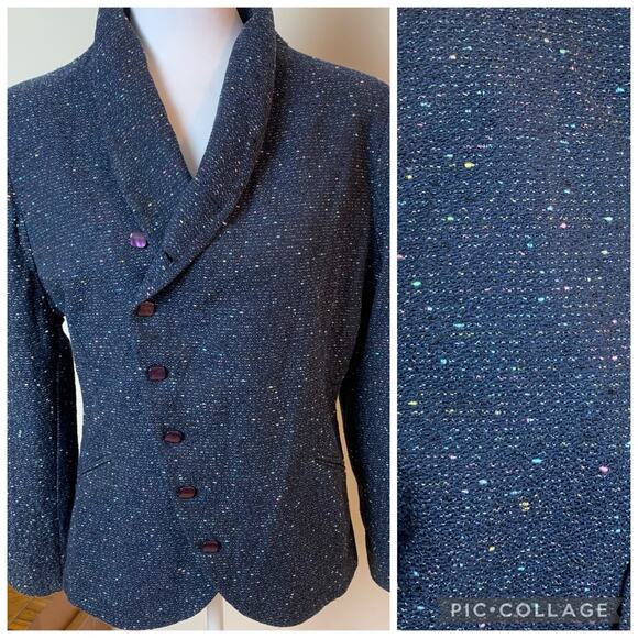 Vintage Jackets & Blazers - Vintage Asymmetrical Confetti Tweed Jacket Blazer Size 12 Navy Blue Pink Yellow